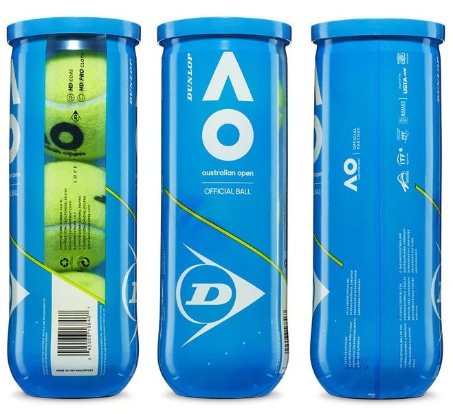 Envase plástico de pelotas Dunlop Australian Open, oficial del torneo.