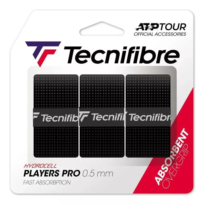 Overgrip Tecnifibre Pro Players X3 instalado en una raqueta, agarre óptimo y control.