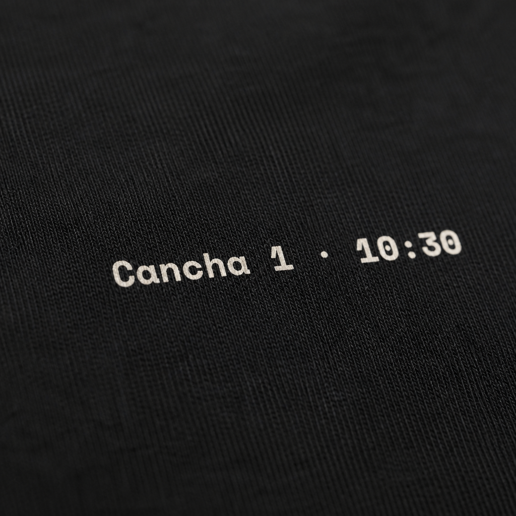 Detalle del estampado Cancha 1 · 10:30 en el pecho de la polera Match Summary color Negro, OffCourt