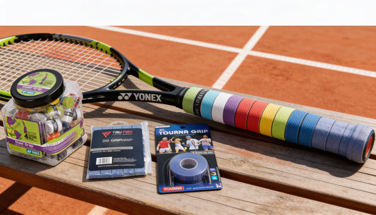Overgrips de tenis Yonex Super Grap, Tourna y TRU PRO sobre el mango de una raqueta