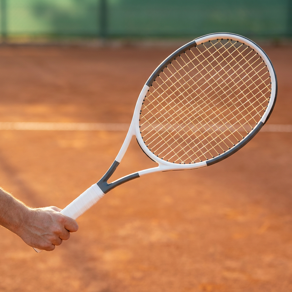 Raquetas de tenis CenterCourt — raqueta empuñada sobre cancha de arcilla