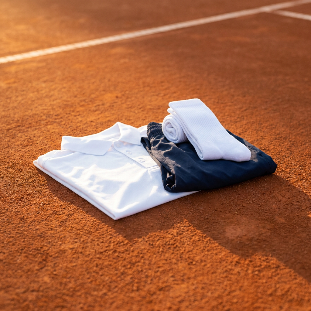 Vestuario de tenis CenterCourt — polera, short y calcetines sobre cancha de arcilla