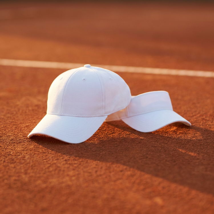 Gorros y viseras de tenis CenterCourt — jockey y visera sobre cancha de arcilla