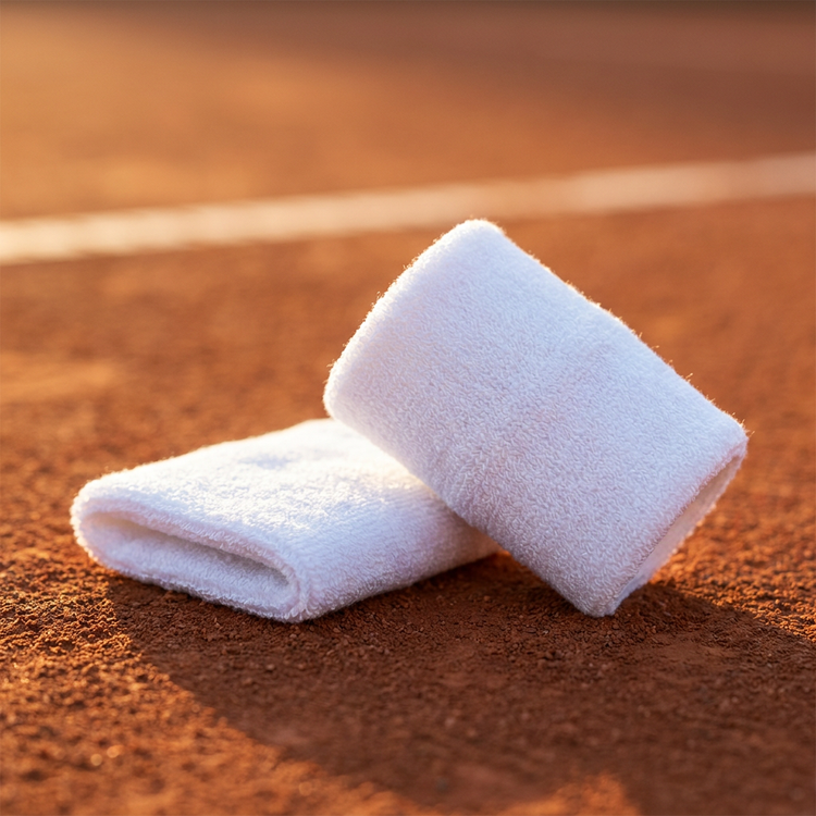 Muñequeras de tenis CenterCourt — muñequeras de toalla sobre cancha de arcilla