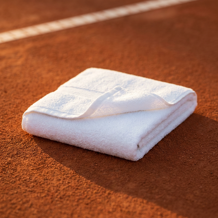 Toallas de tenis CenterCourt — toalla doblada sobre cancha de arcilla