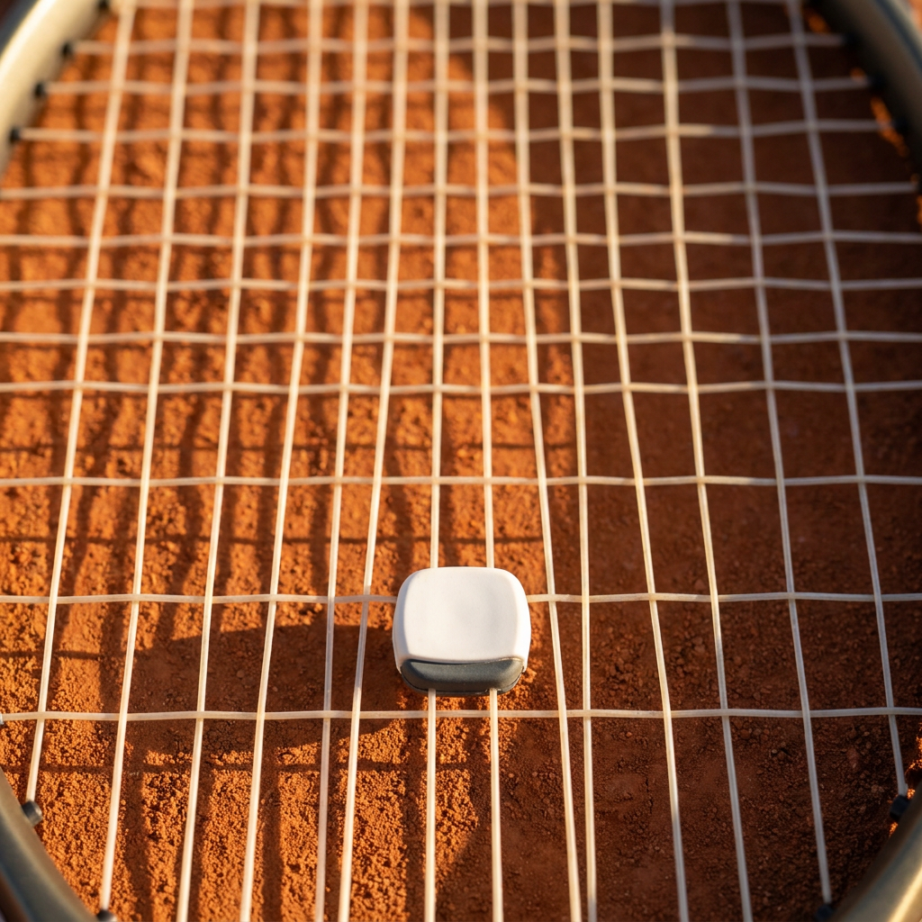 Antivibradores de tenis CenterCourt — antivibrador en el encordado sobre cancha de arcilla