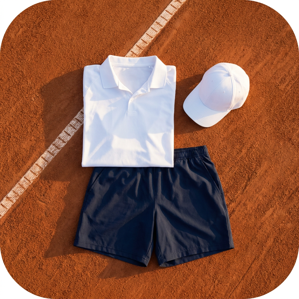 Indumentaria de tenis CenterCourt — polera, short y jockey sobre cancha de arcilla