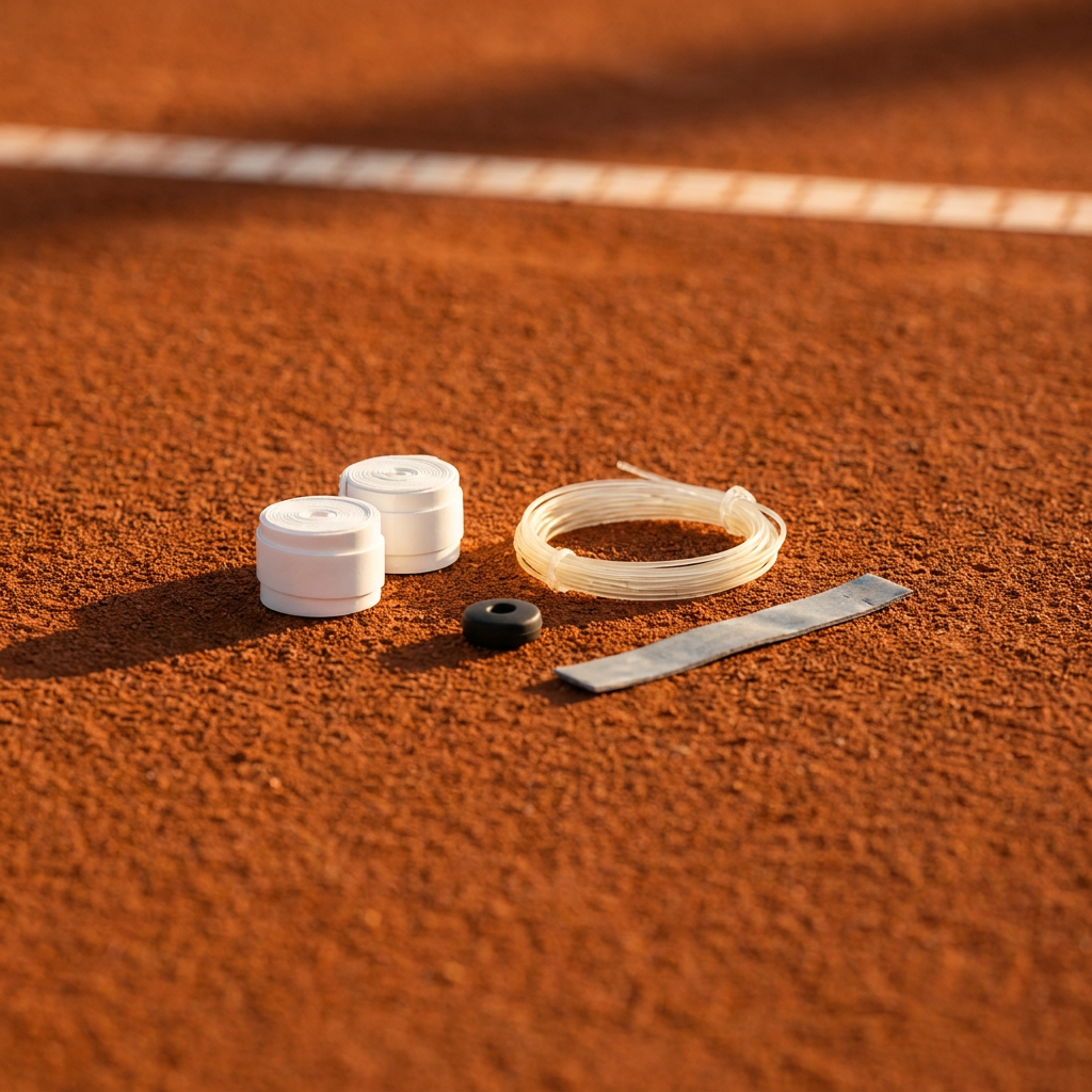 Accesorios de raqueta CenterCourt — overgrips, cuerda y antivibrador sobre cancha de arcilla