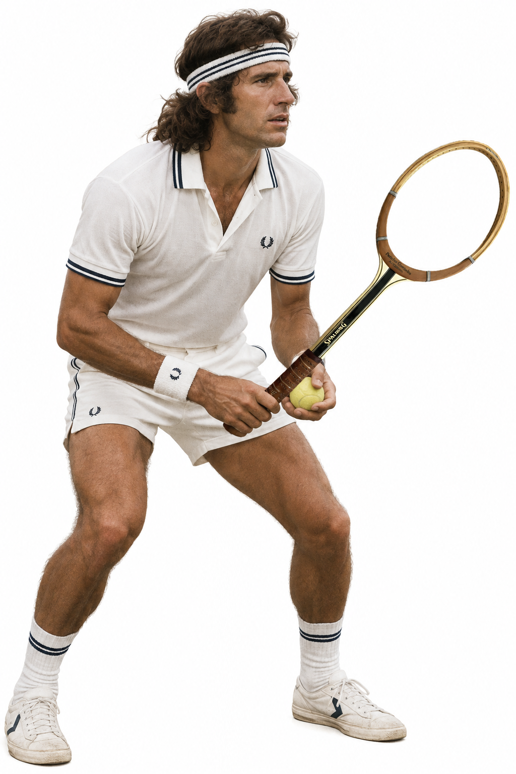 Tenista con indumentaria blanca de los años 70 en posición de resto, sosteniendo una raqueta de madera Spalding Pancho Gonzales