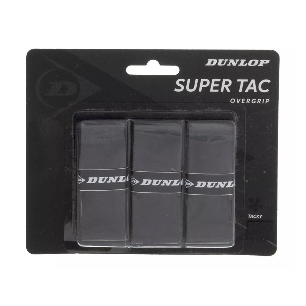 Overgrip Dunlop Super Tac X3 negro, pack de 3 unidades con agarre pegajoso.
