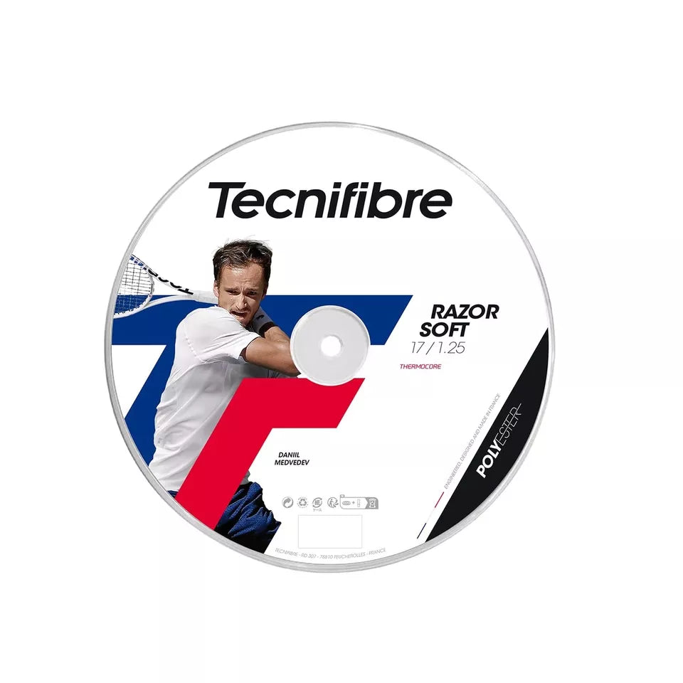 Rollo de cuerda Tecnifibre Razor Soft 200m, ideal para jugadores que buscan precisión y confort.
