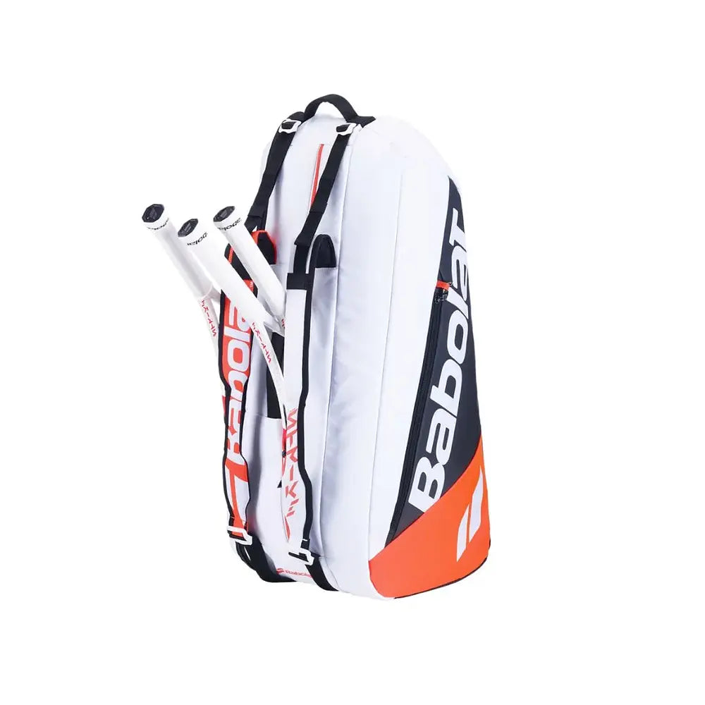 Raquetero Babolat Pure Strike 4th Gen 6R, diseño moderno en blanco y rojo.