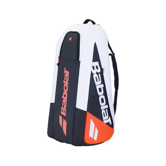 Raquetero Babolat Pure Strike 4th Gen 6R, diseño moderno en blanco y rojo.