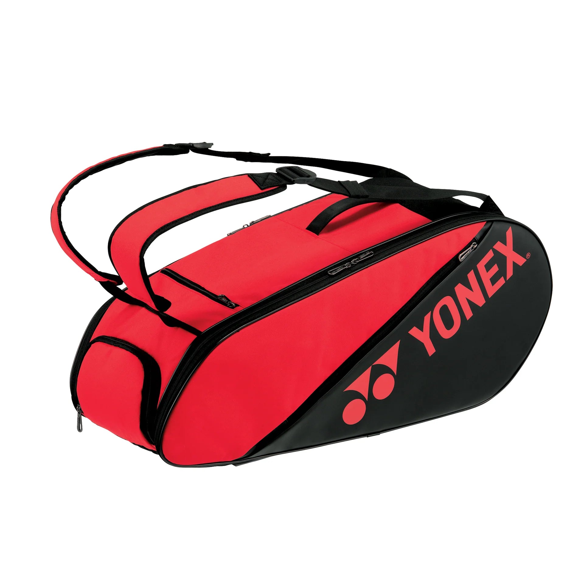Bolso Yonex Active 6R en color negro y rojo, capacidad para 6 raquetas con espacio adicional para accesorios y ropa