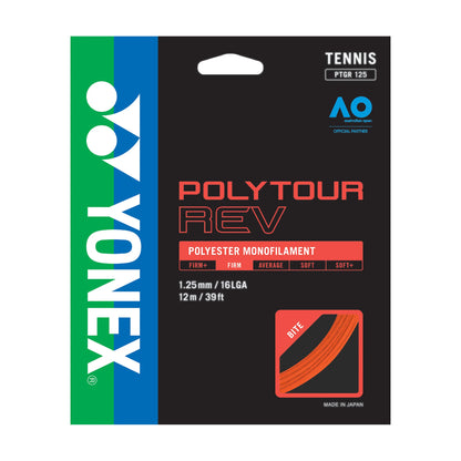 Yonex Polytour REV 1.25 en color naranja, diseñada para máximo spin y control.
