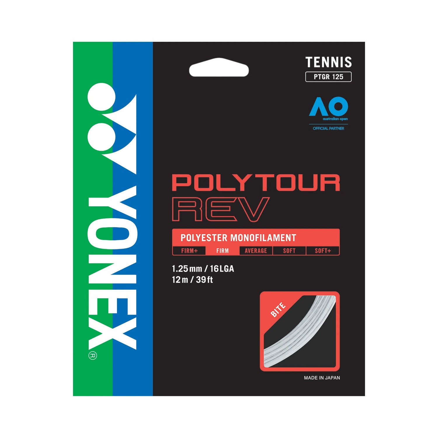 Yonex Polytour REV 1.25 en color naranja, diseñada para máximo spin y control.