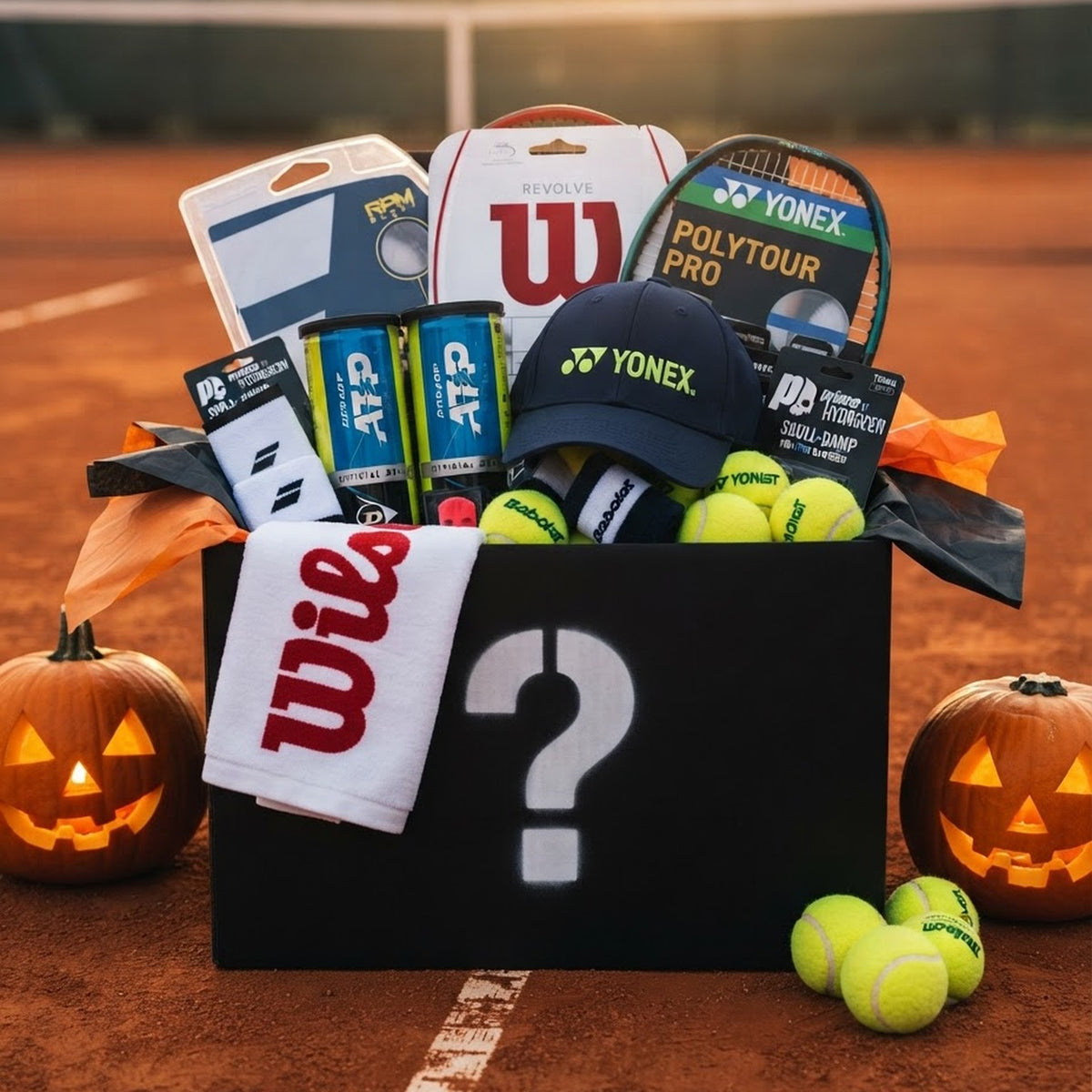Mystery Box Halloween Caja Pesadilla: caja negra con cuerdas, tarros, jockey y toalla de tenis