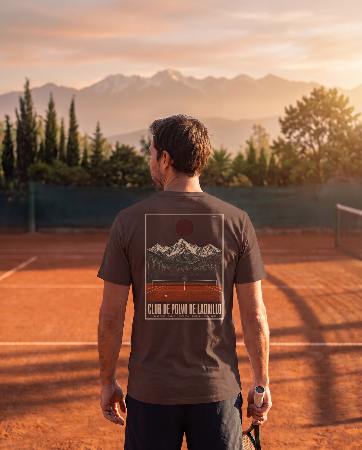 Tenista de espaldas con la polera Club de Polvo de Ladrillo color Chocolate en una cancha de polvo de ladrillo frente a la cordillera
