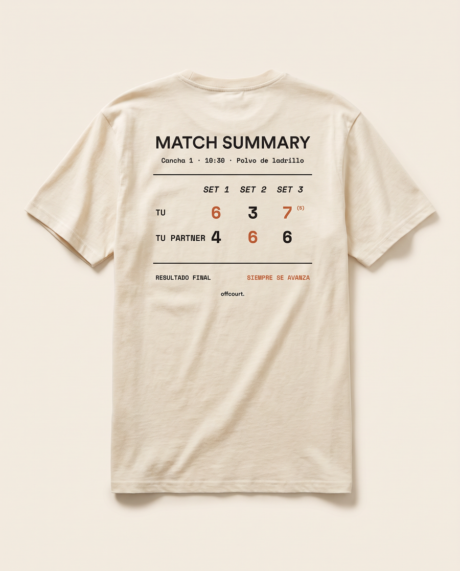 Espalda de la polera de tenis Match Summary de offcourt. en beige con el marcador TU vs TU PARTNER