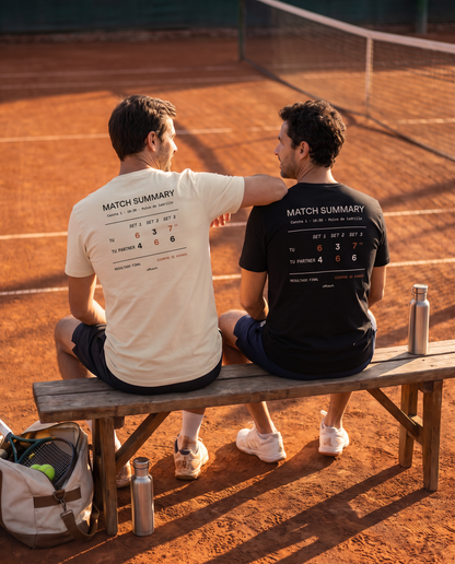 Dos tenistas de espaldas en la banca con las poleras Match Summary color Beige y color Negro, TU vs TU PARTNER