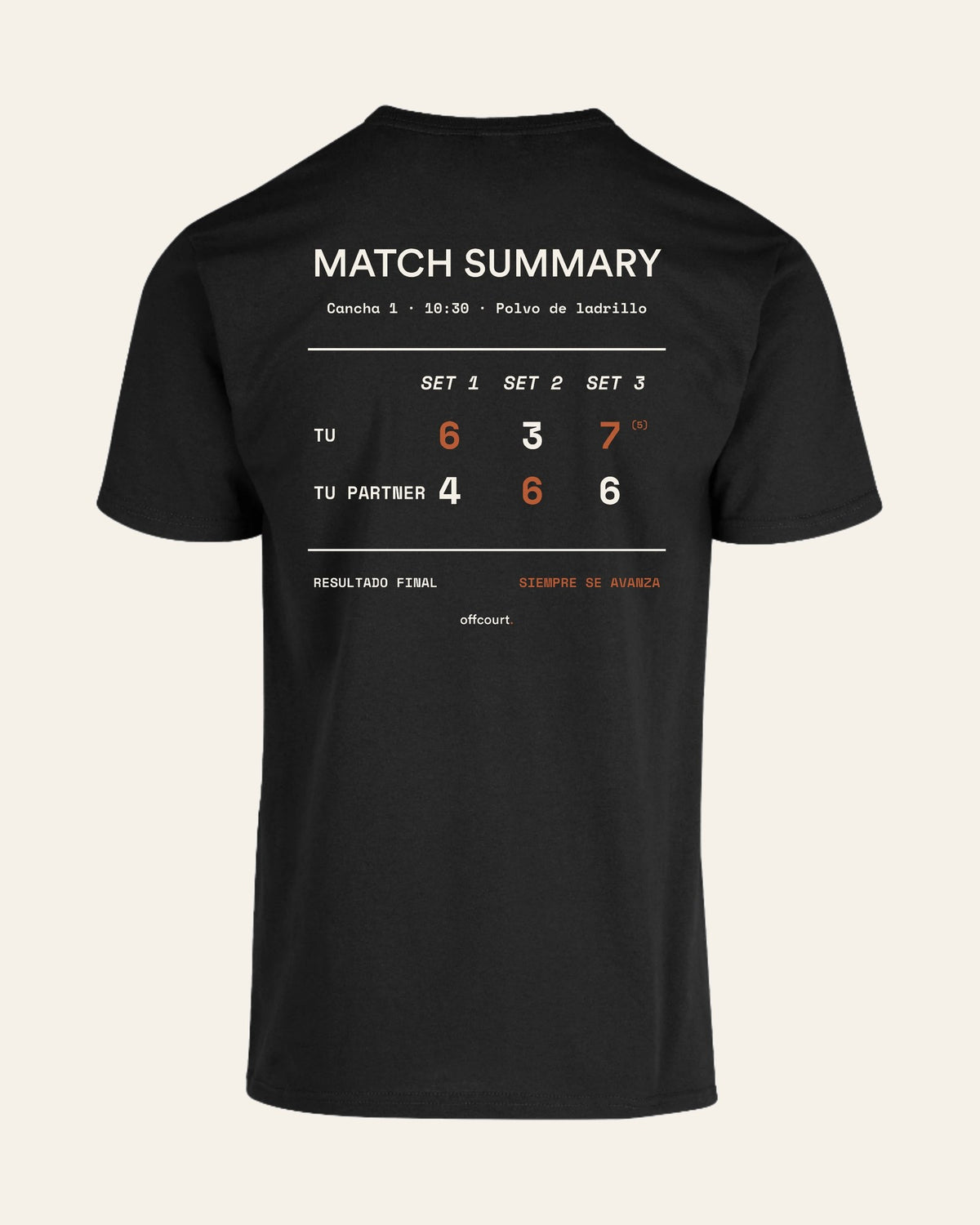 Espalda de la polera de tenis Match Summary de offcourt. color Negro con el marcador TU vs TU PARTNER
