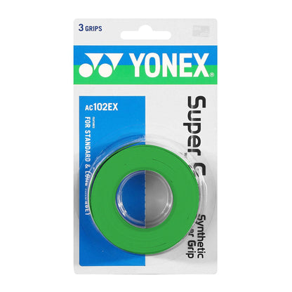 Paquete de 3 overgrips Yonex Super Grap X3 en colores, ideales para mejorar el agarre de la raqueta, proporcionando mayor control y comodidad.