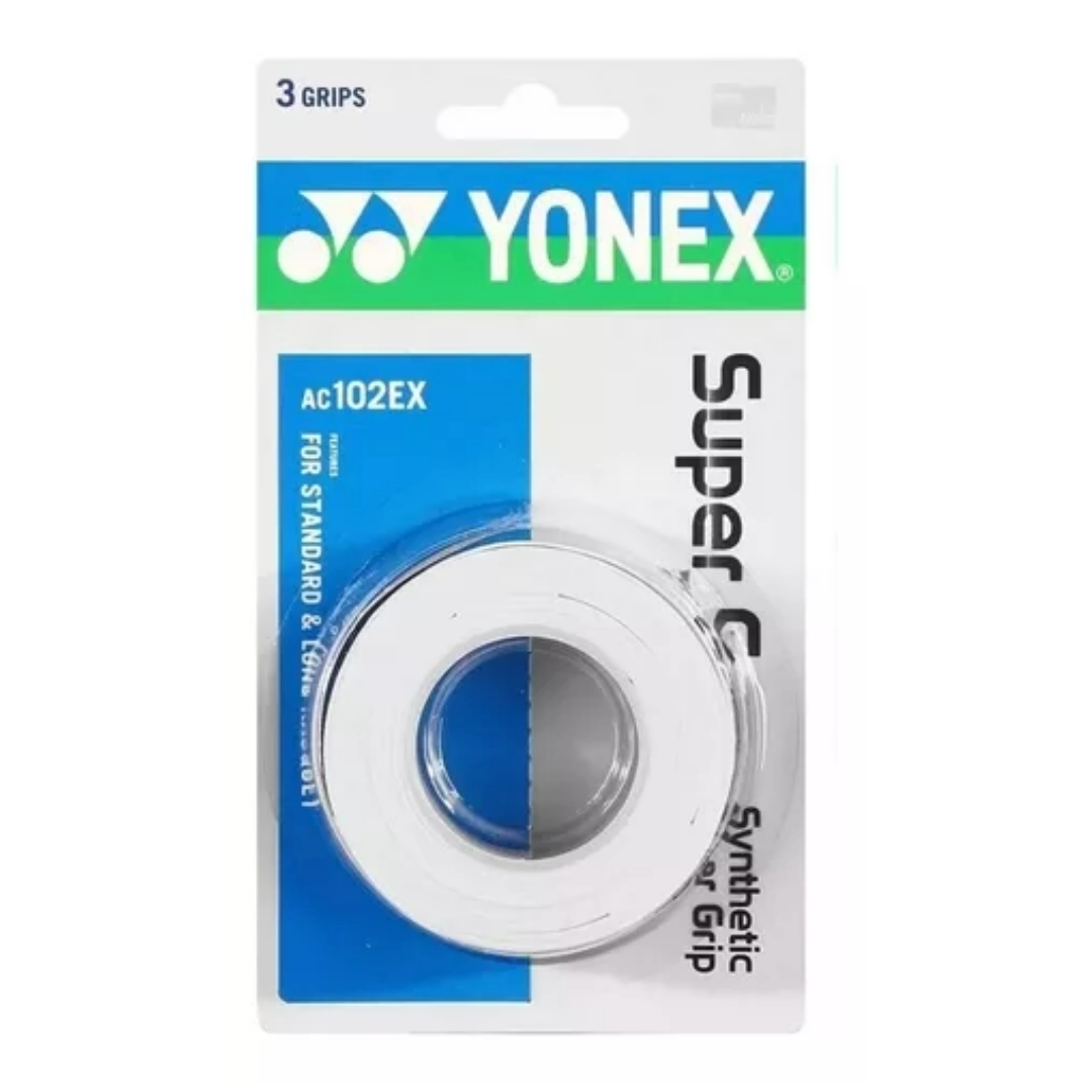Paquete de 3 overgrips Yonex Super Grap X3 en colores, ideales para mejorar el agarre de la raqueta, proporcionando mayor control y comodidad.