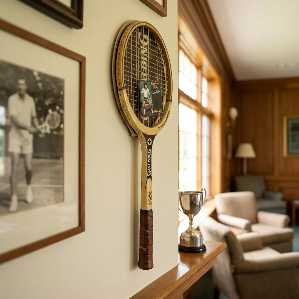 Raqueta Spalding Tournament de madera vintage colgada en la pared de una casa club