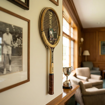 Raqueta Spalding Tournament de madera vintage colgada en la pared de una casa club