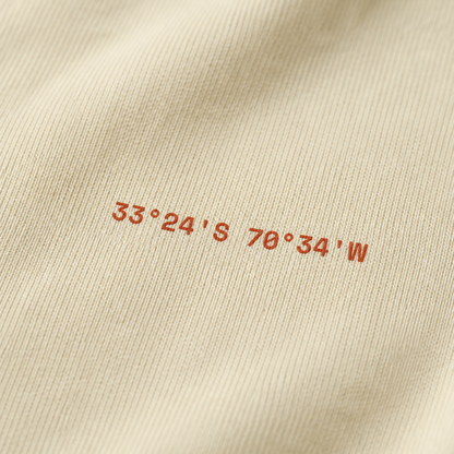 Detalle de las coordenadas impresas en el pecho de la polera Club de Polvo de Ladrillo color Beige, OffCourt