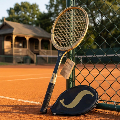 Raqueta Spalding Accomplice apoyada en la malla de una cancha de arcilla