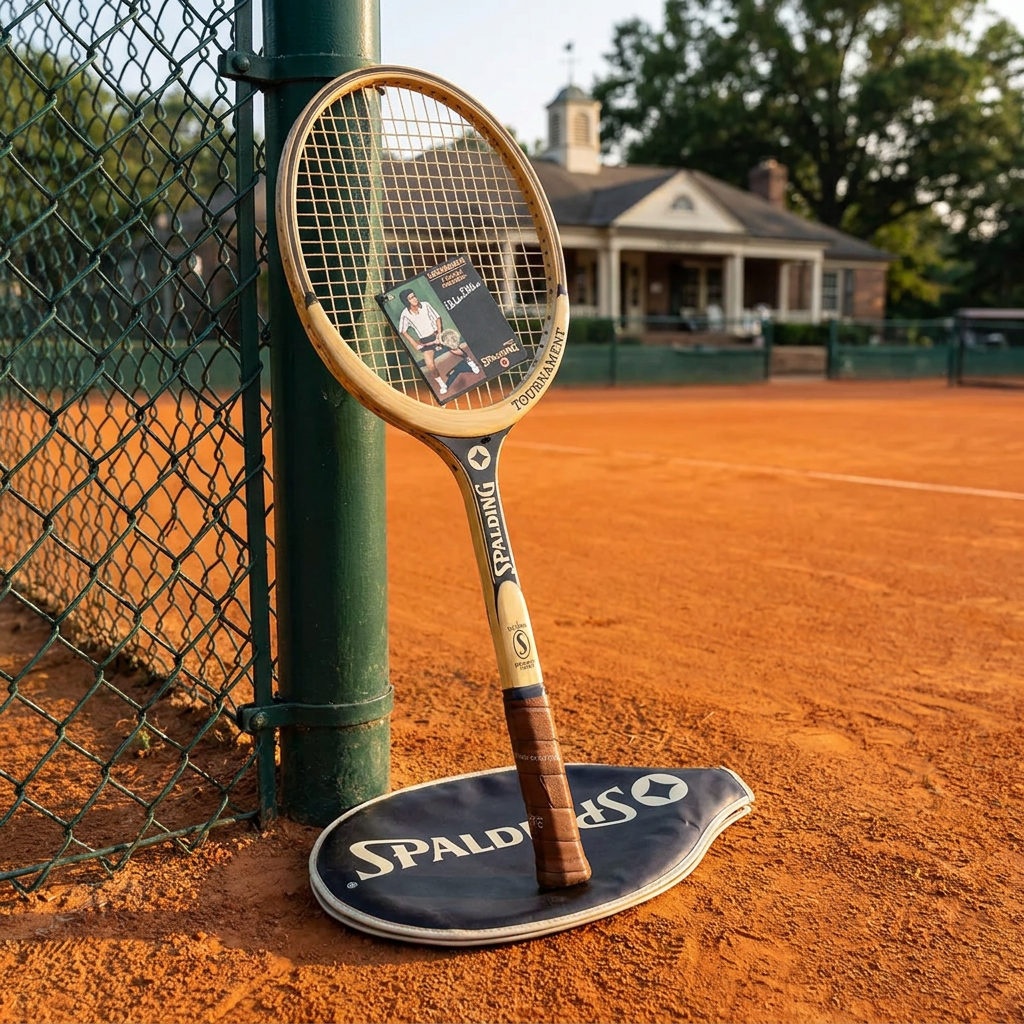 Raqueta Spalding Tournament apoyada en la malla de una cancha de arcilla
