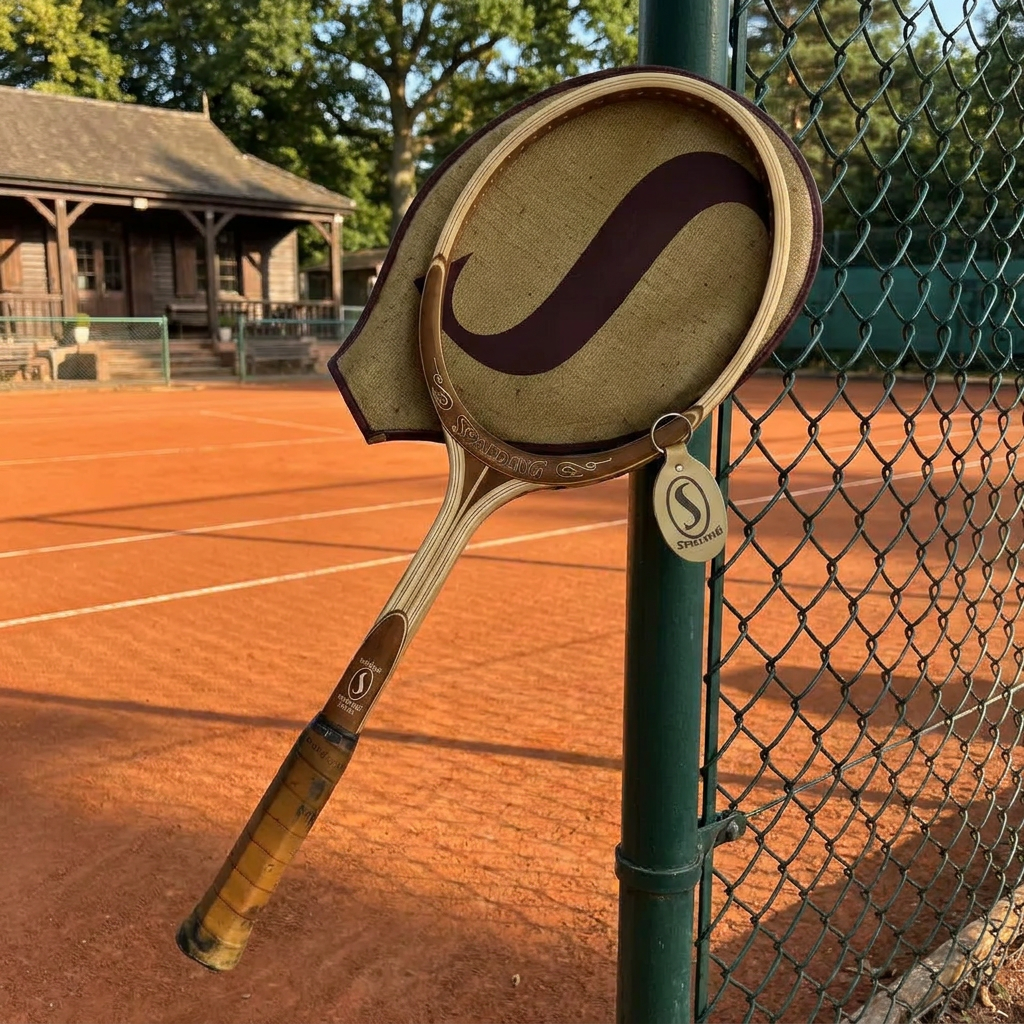 Raqueta Spalding Natural apoyada en la malla de una cancha de arcilla