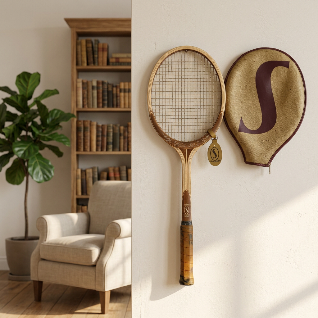 Raqueta Spalding Natural de madera y su funda de lona colgadas en la pared de un living