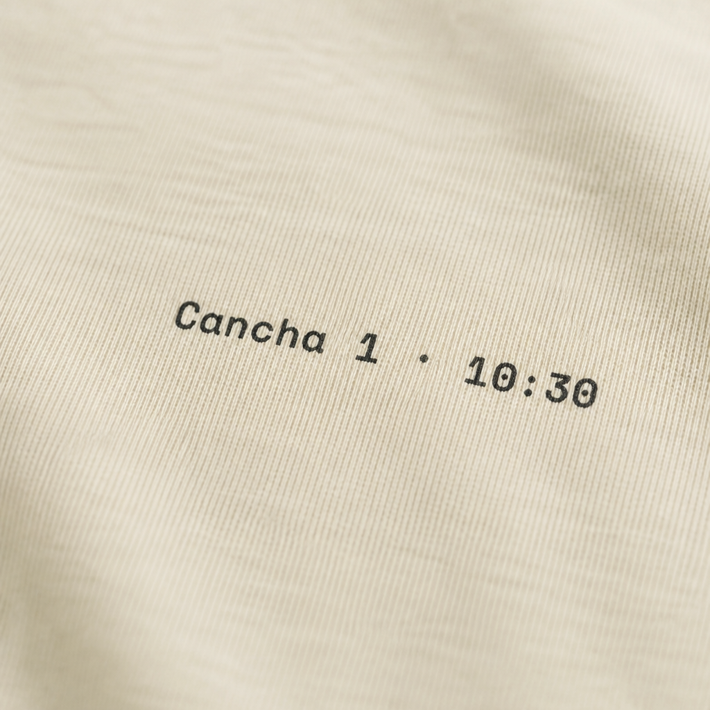 Detalle del estampado Cancha 1 · 10:30 en el pecho de la polera Match Summary color Beige, OffCourt