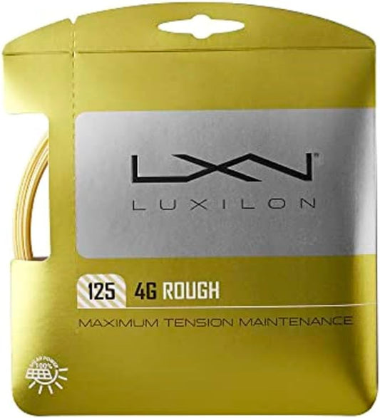 Cuerda de tenis Luxilon 4G Rough 125 en color dorado, grosor de 1.25 mm. ofreciendo máximo control y spin.