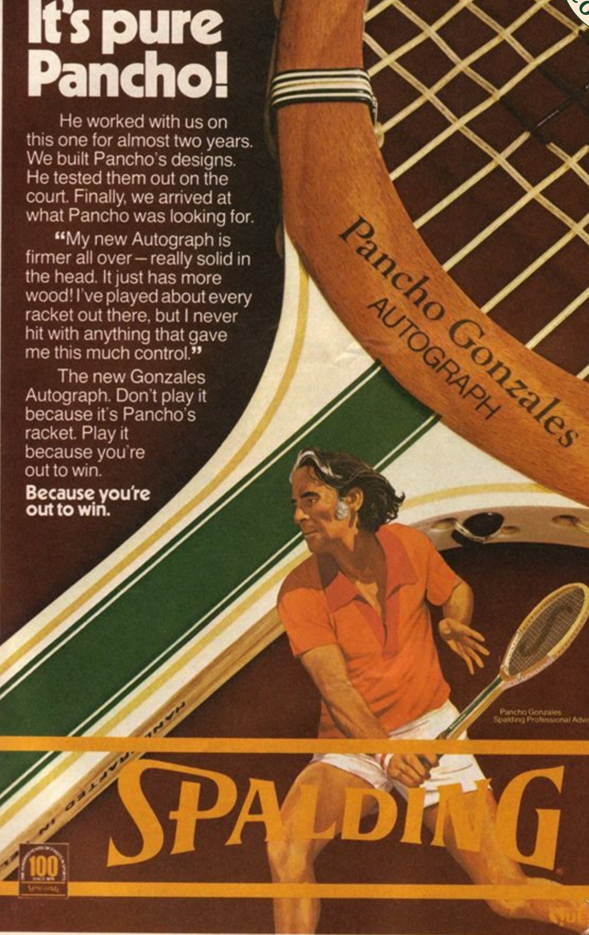 Aviso original de Spalding publicado en la revista World Tennis en mayo de 1976, presentando la raqueta Pancho Gonzales Autograph