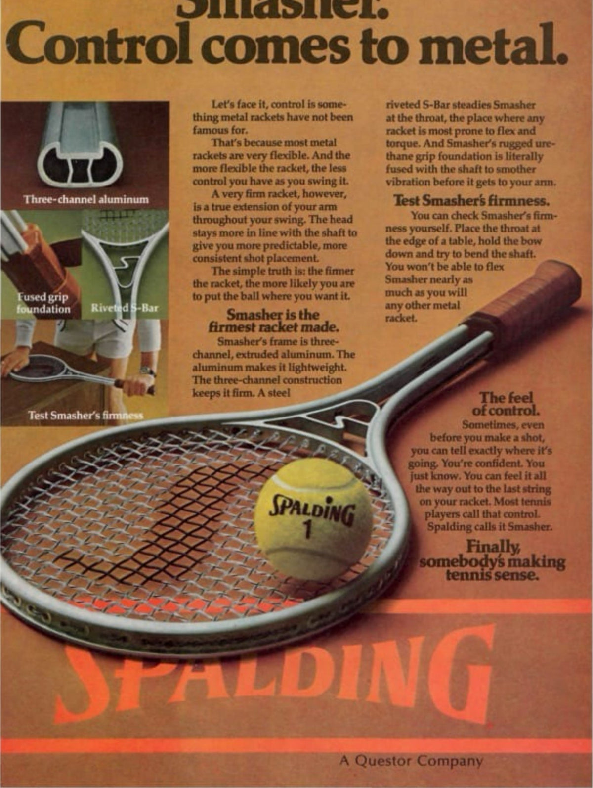 Aviso original de Spalding de los años 70 para la raqueta Smasher de aluminio, con el detalle del marco de tres canales y la barra S
