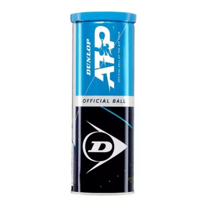 Tarro de 3 pelotas Dunlop ATP, diseñadas para durabilidad y control en torneos.