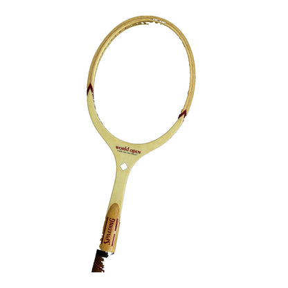 Raqueta de tenis antigua Spalding World Open de madera laminada, años 70, original de fábrica y sin uso