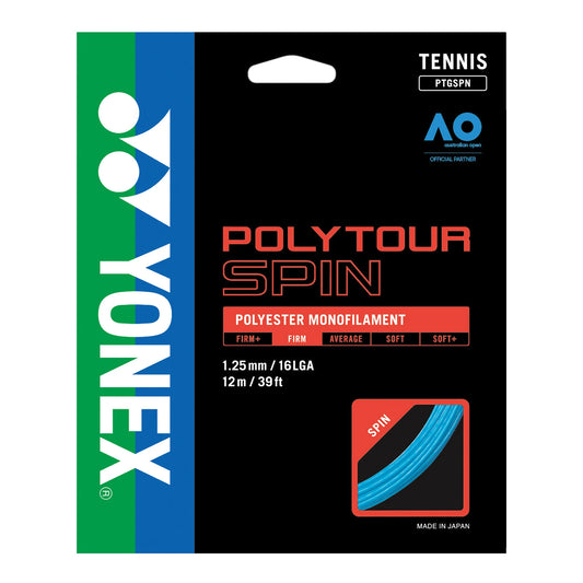 Yonex Polytour Spin 1.25 en color azul, diseñada para máximo efecto y control.